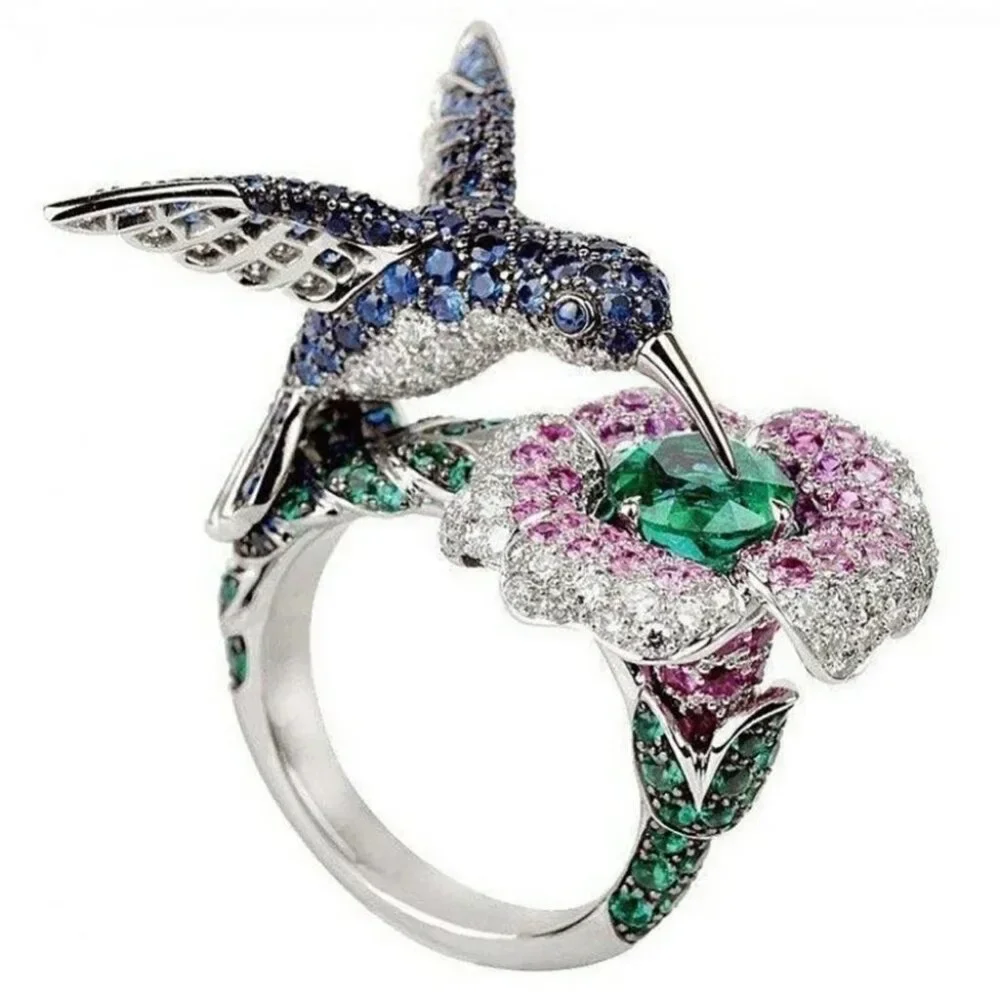 Women's Rhinestone Blue Hummingbird Ring - Picture 5 of 5